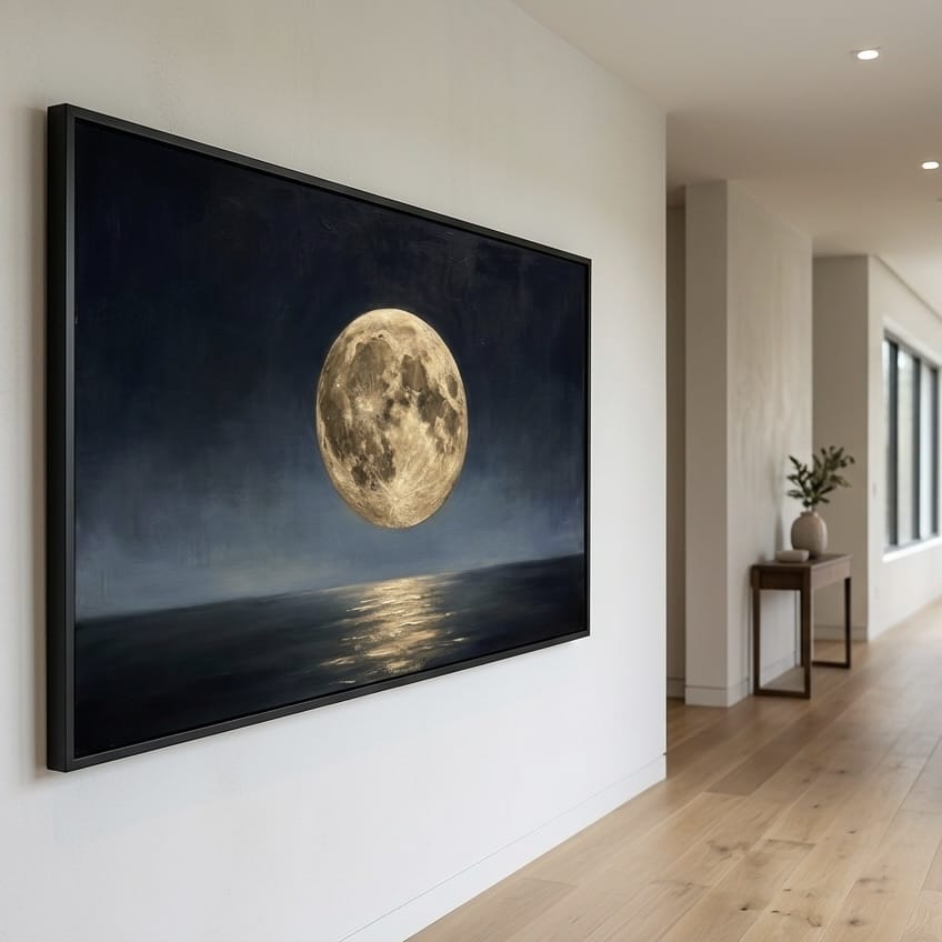 Celestial Oil Painting, Full Moon Over Ocean