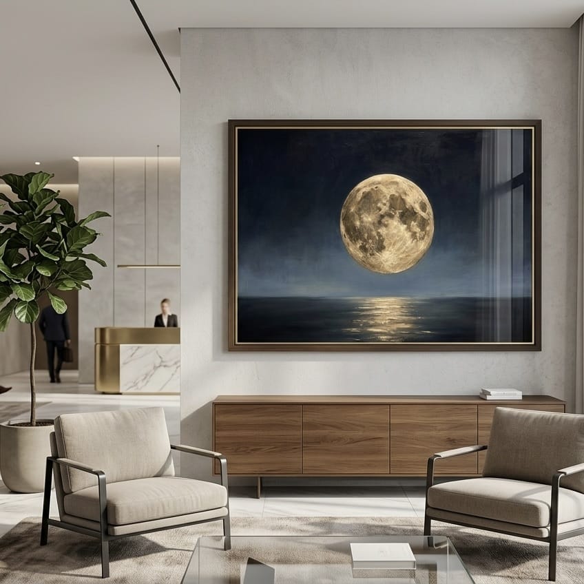 Celestial Oil Painting, Full Moon Over Ocean