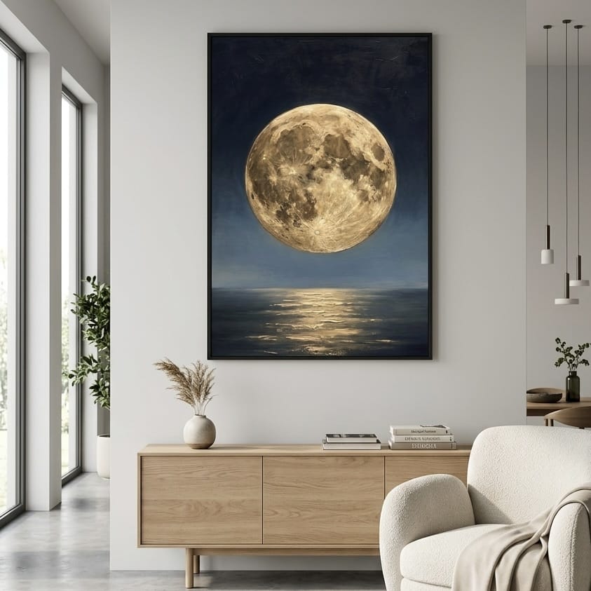 Celestial Oil Painting, Full Moon Over Ocean