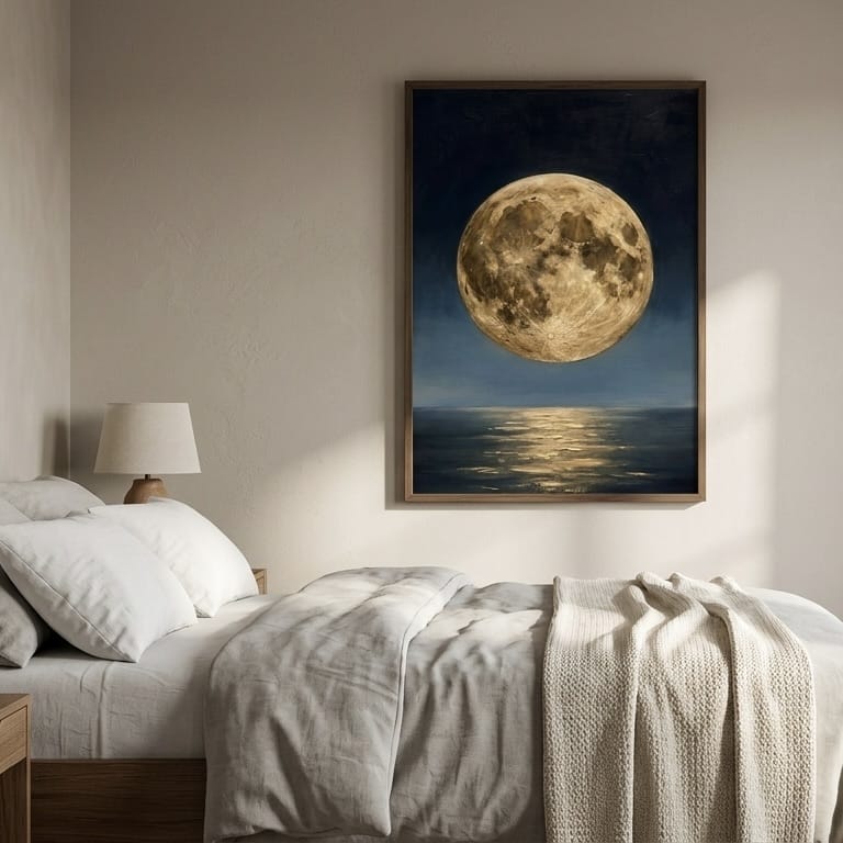 Celestial Oil Painting, Full Moon Over Ocean