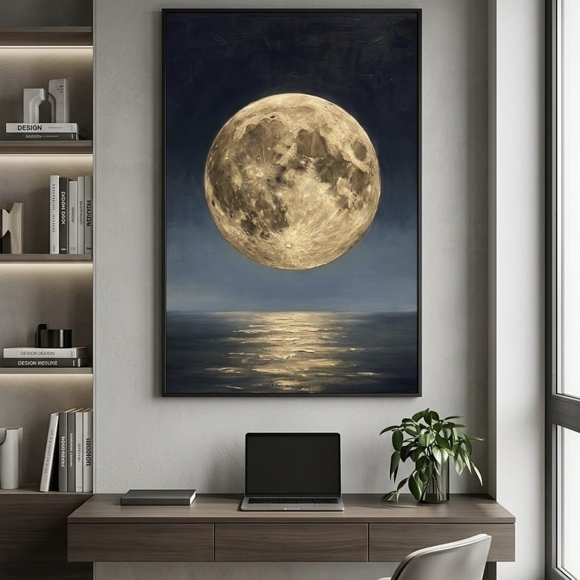 Celestial Oil Painting, Full Moon Over Ocean