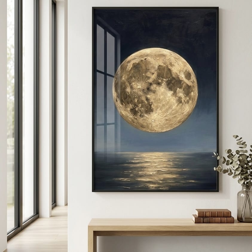 Celestial Oil Painting, Full Moon Over Ocean