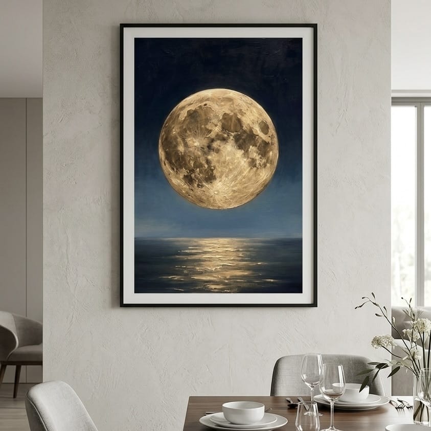 Celestial Oil Painting, Full Moon Over Ocean