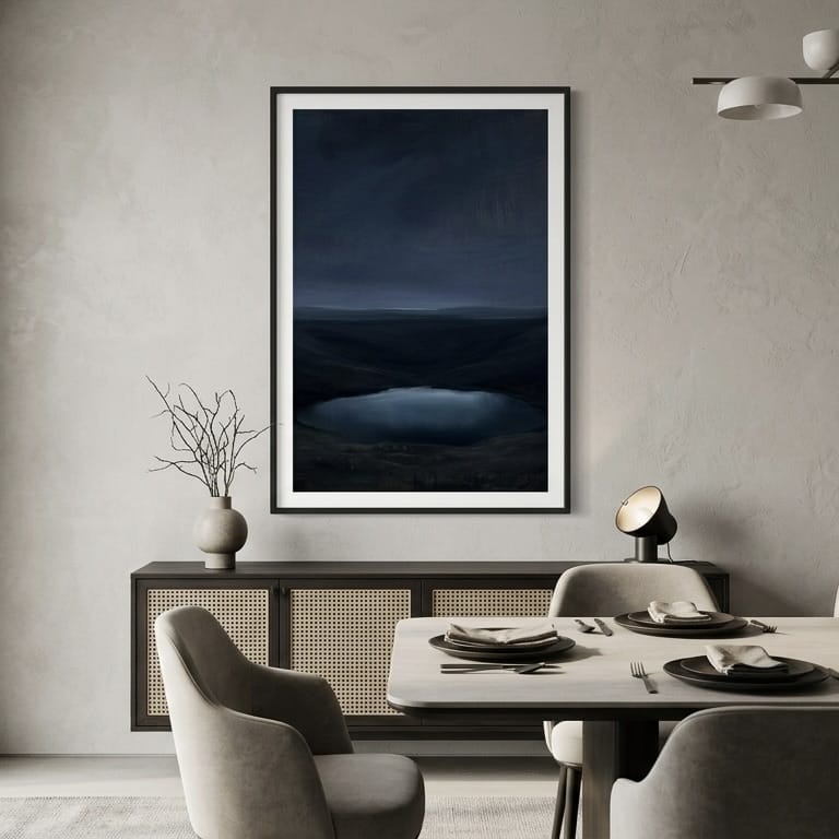 Moody Abstract Landscape Print, Dark Blue and Black
