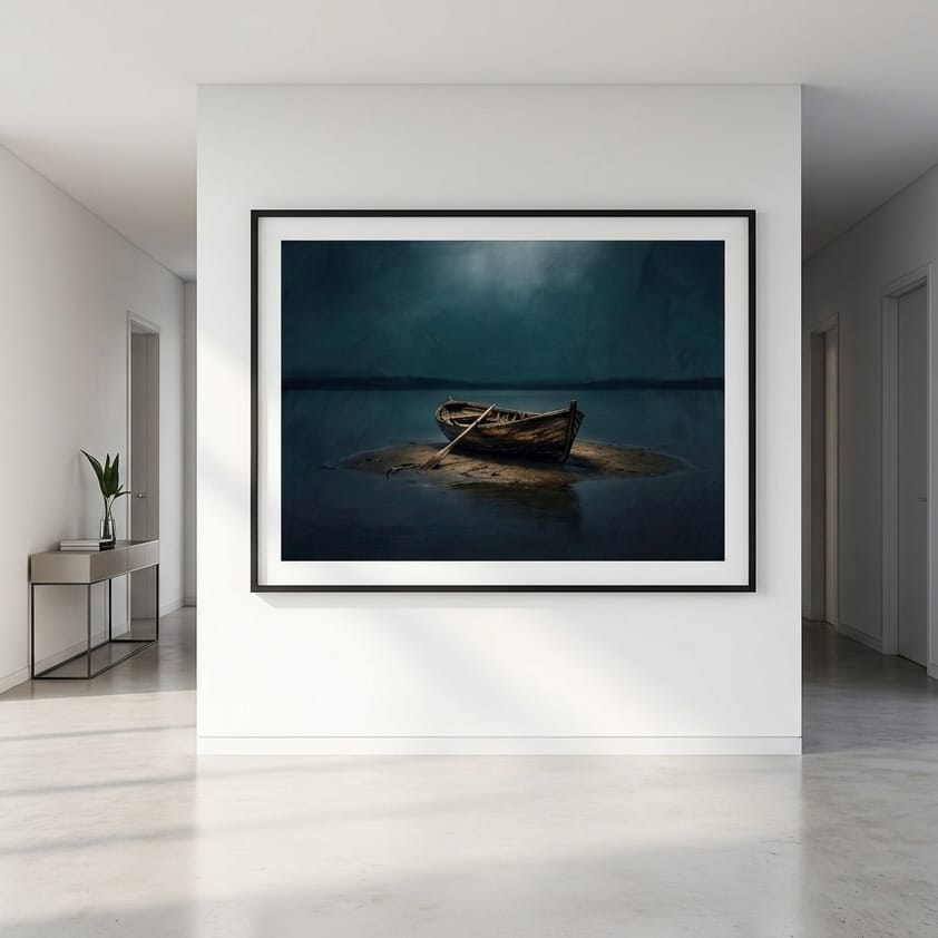 Rowboat Wall Art: Moody Coastal Scene - Teal and Brown Tones