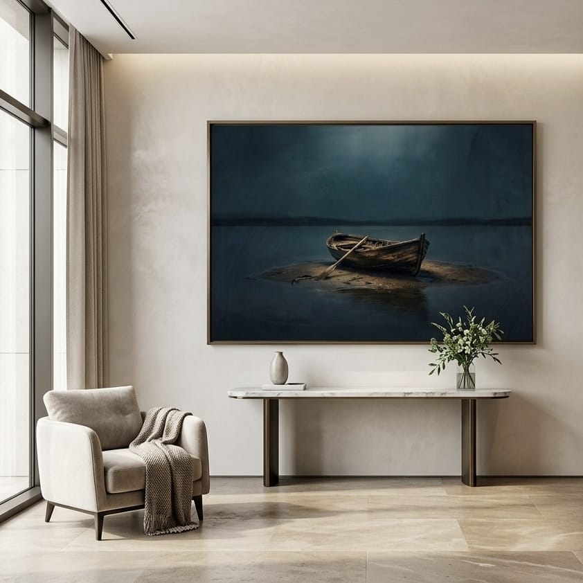 Rowboat Wall Art: Moody Coastal Scene - Teal and Brown Tones