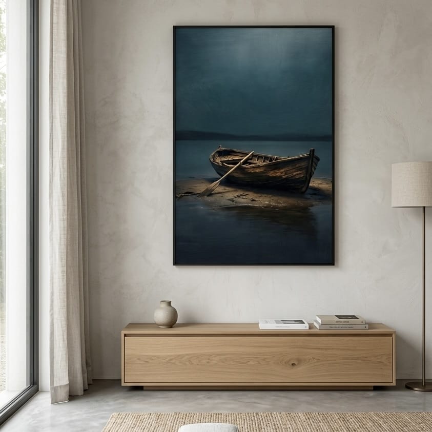Rowboat Wall Art: Moody Coastal Scene - Teal and Brown Tones