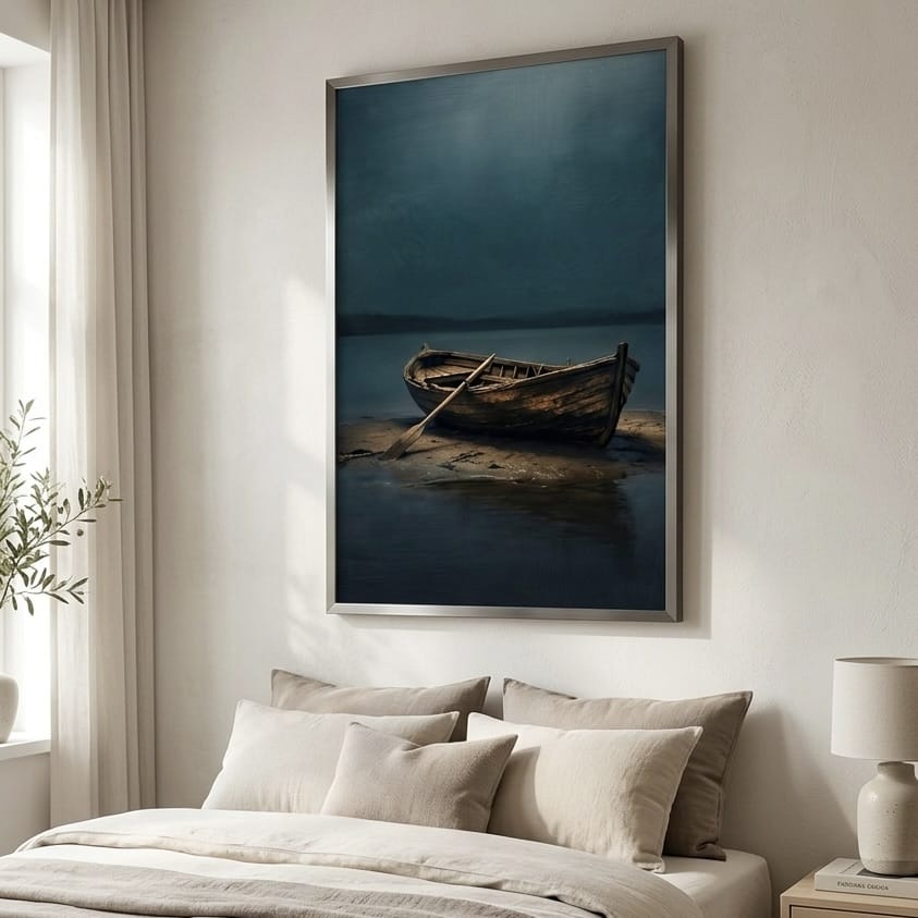 Rowboat Wall Art: Moody Coastal Scene - Teal and Brown Tones