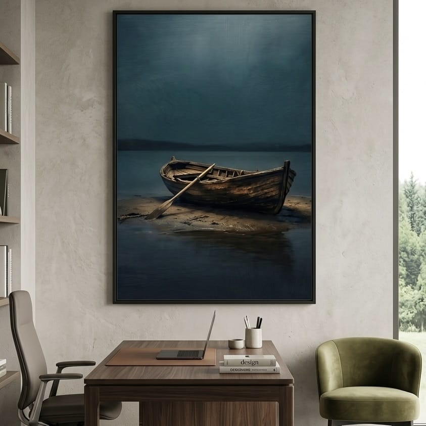 Rowboat Wall Art: Moody Coastal Scene - Teal and Brown Tones