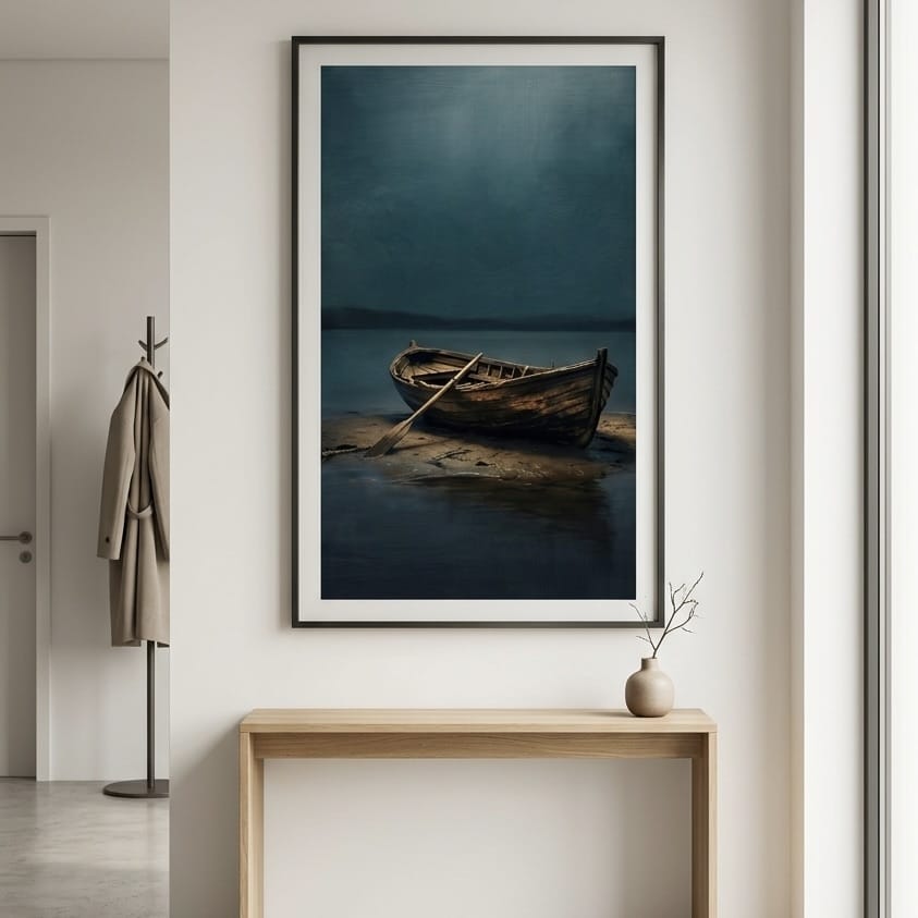 Rowboat Wall Art: Moody Coastal Scene - Teal and Brown Tones