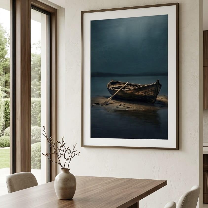 Rowboat Wall Art: Moody Coastal Scene - Teal and Brown Tones