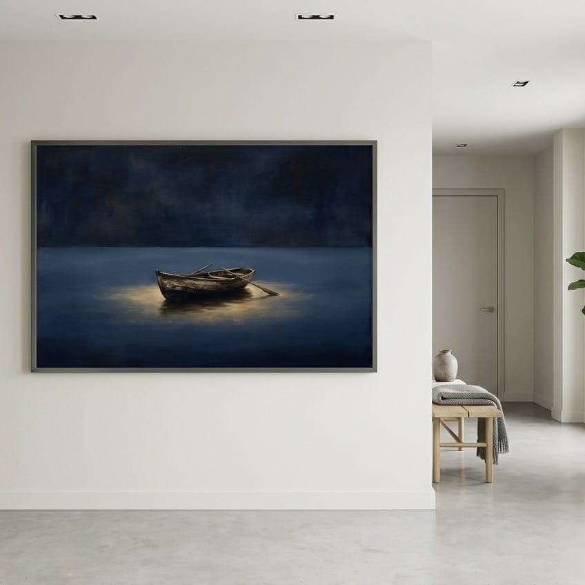 Moody Rowboat Painting: Navy Blue Lake Scene with Gold Highlights