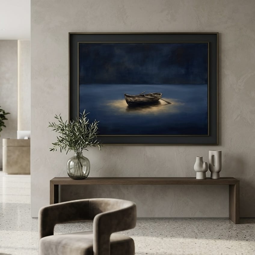 Moody Rowboat Painting: Navy Blue Lake Scene with Gold Highlights