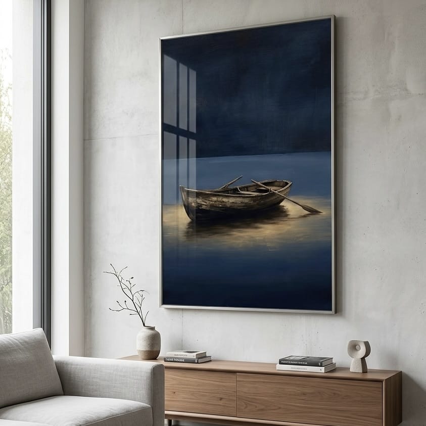 Moody Rowboat Painting: Navy Blue Lake Scene with Gold Highlights