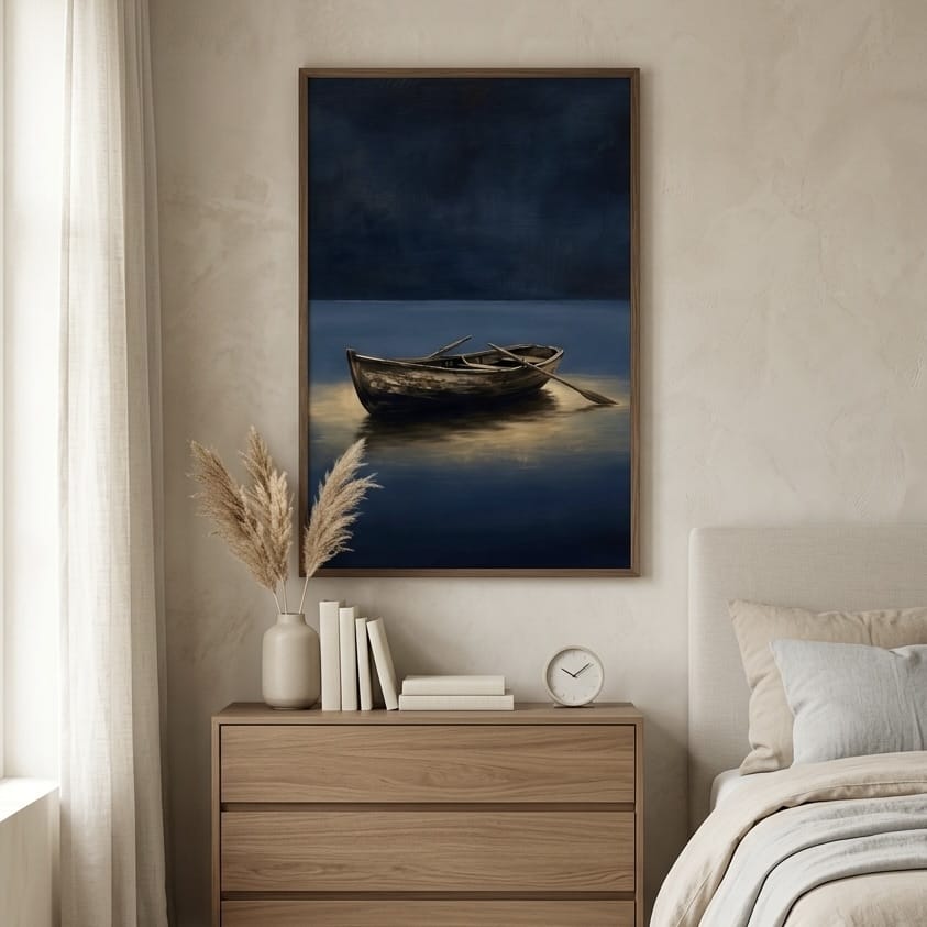 Moody Rowboat Painting: Navy Blue Lake Scene with Gold Highlights