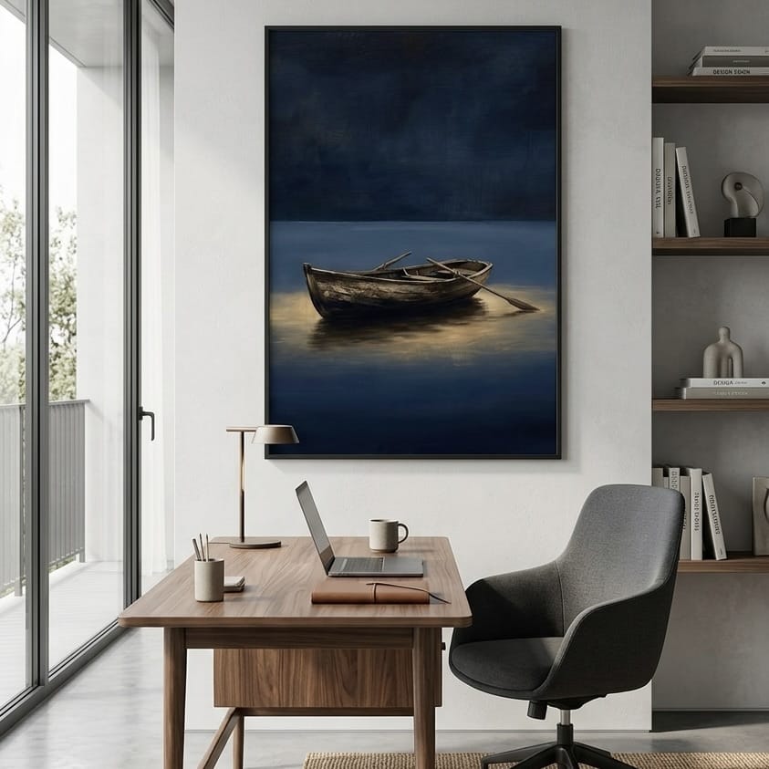 Moody Rowboat Painting: Navy Blue Lake Scene with Gold Highlights