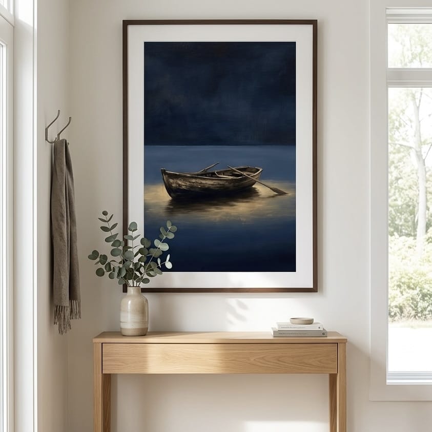 Moody Rowboat Painting: Navy Blue Lake Scene with Gold Highlights