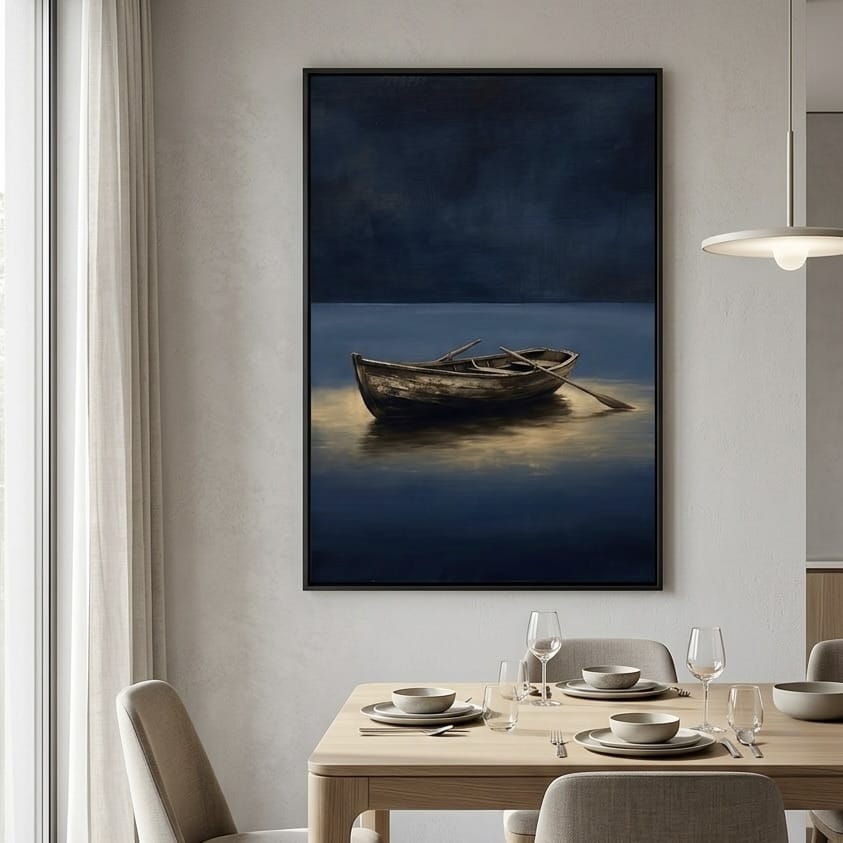 Moody Rowboat Painting: Navy Blue Lake Scene with Gold Highlights
