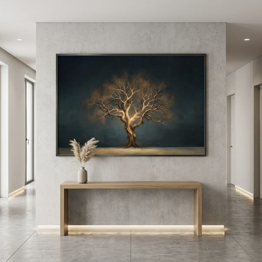 Moody Nature Wall Art, Golden Bare Tree Glow