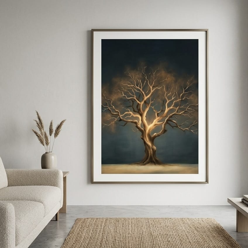 Moody Nature Wall Art, Golden Bare Tree Glow