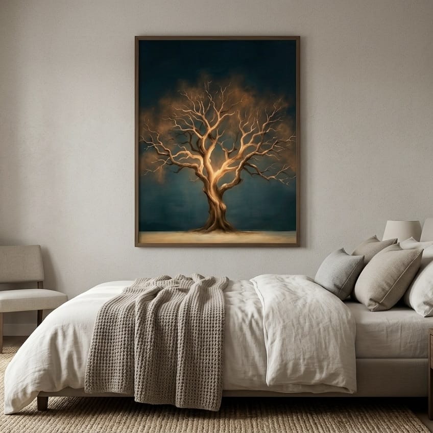 Moody Nature Wall Art, Golden Bare Tree Glow