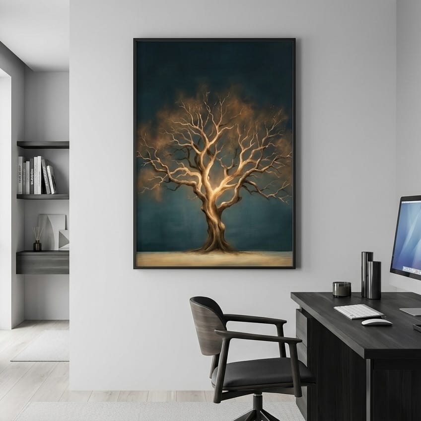 Moody Nature Wall Art, Golden Bare Tree Glow