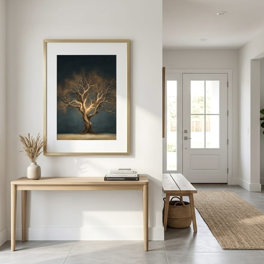 Moody Nature Wall Art, Golden Bare Tree Glow