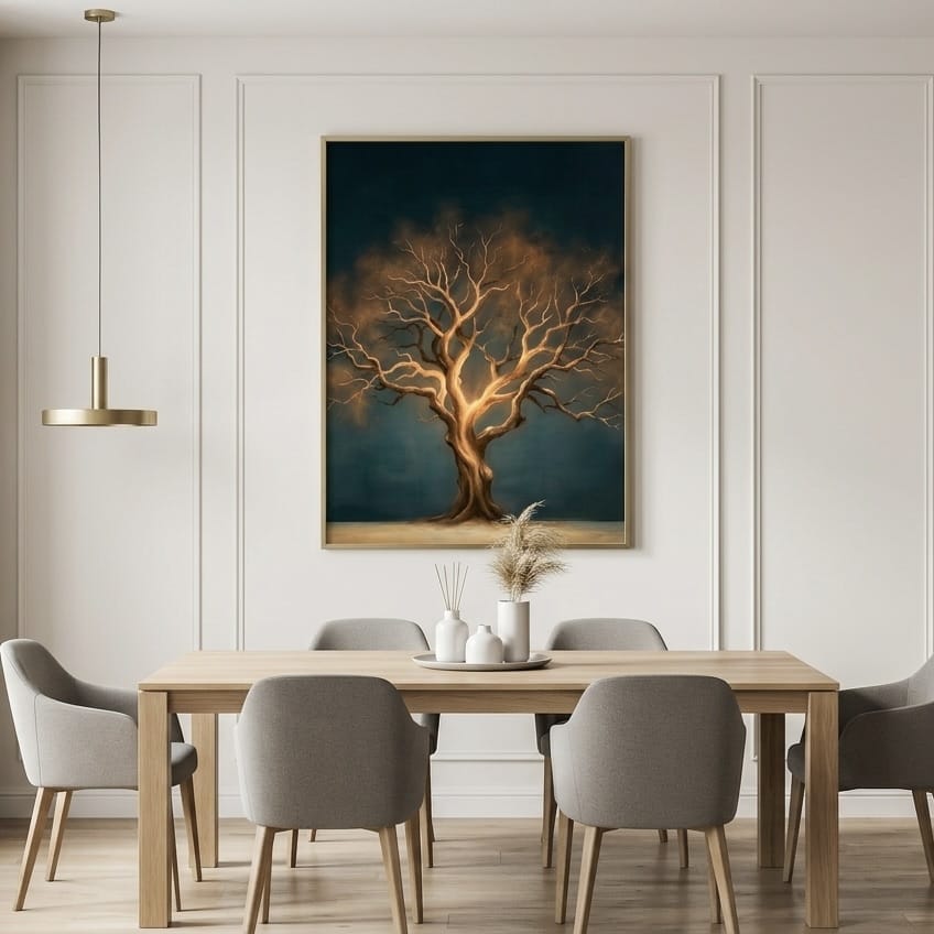 Moody Nature Wall Art, Golden Bare Tree Glow