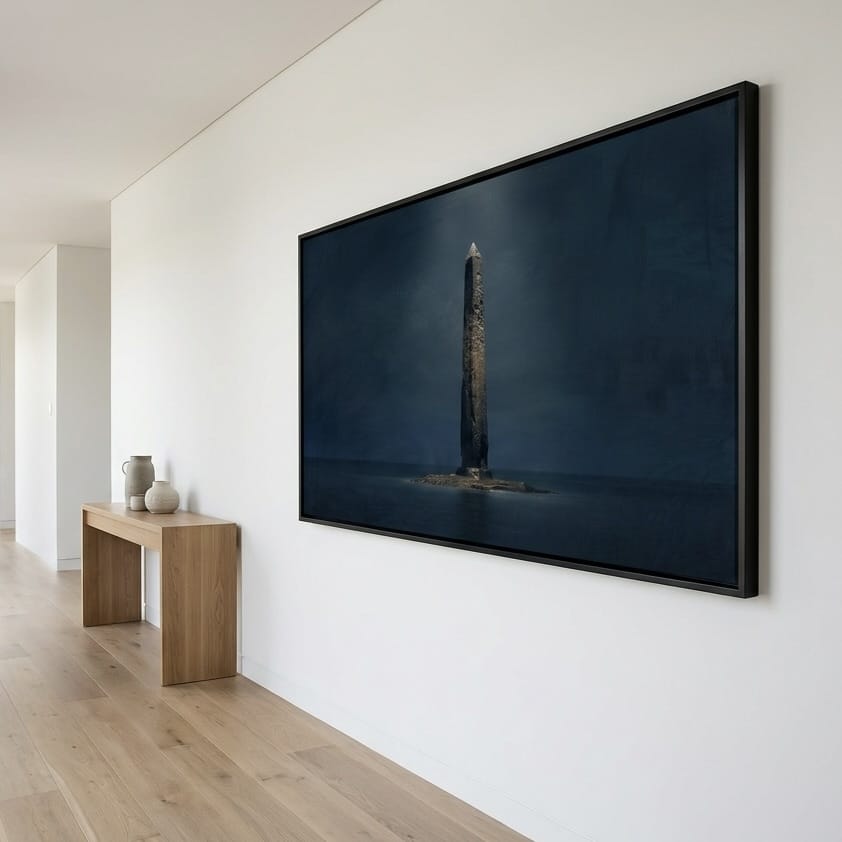 Stone Obelisk Wall Art - Moody Dark Blue Minimalist