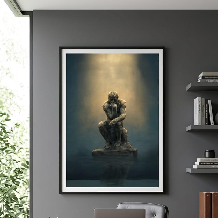 The Thinker Wall Art Print: Moody Dark Teal & Gold