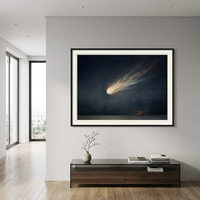 Moody Celestial Wall Art - Comet Over Lighthouse in Deep Blue