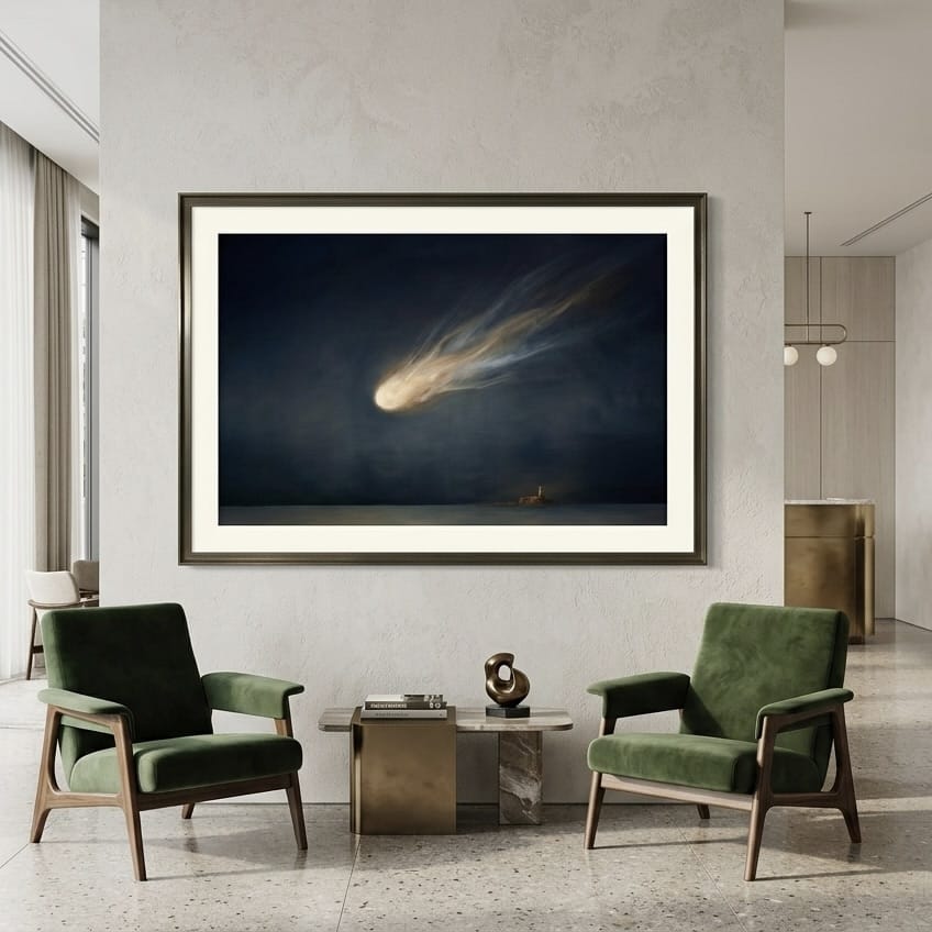Moody Celestial Wall Art - Comet Over Lighthouse in Deep Blue