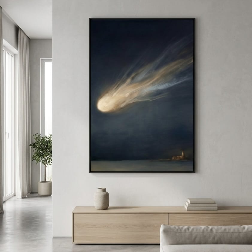 Moody Celestial Wall Art - Comet Over Lighthouse in Deep Blue