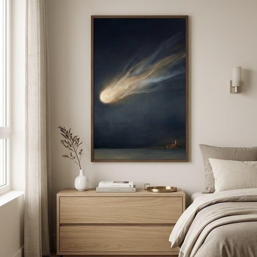 Moody Celestial Wall Art - Comet Over Lighthouse in Deep Blue