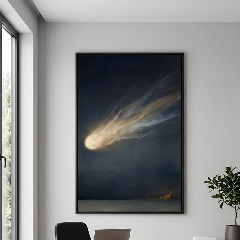 Moody Celestial Wall Art - Comet Over Lighthouse in Deep Blue
