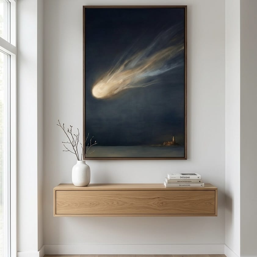Moody Celestial Wall Art - Comet Over Lighthouse in Deep Blue