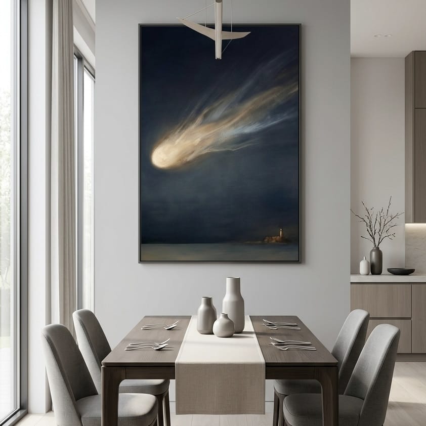 Moody Celestial Wall Art - Comet Over Lighthouse in Deep Blue