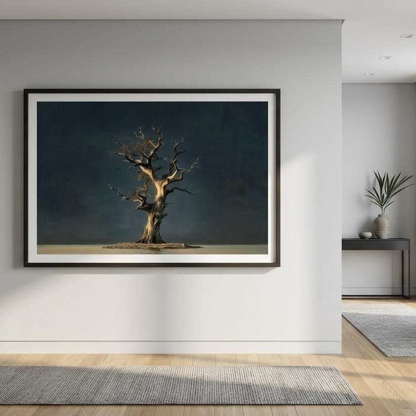 Abstract Gnarled Tree Print, Dark Teal and Gold