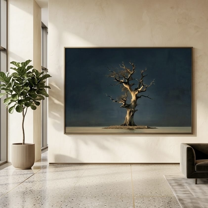 Abstract Gnarled Tree Print, Dark Teal and Gold