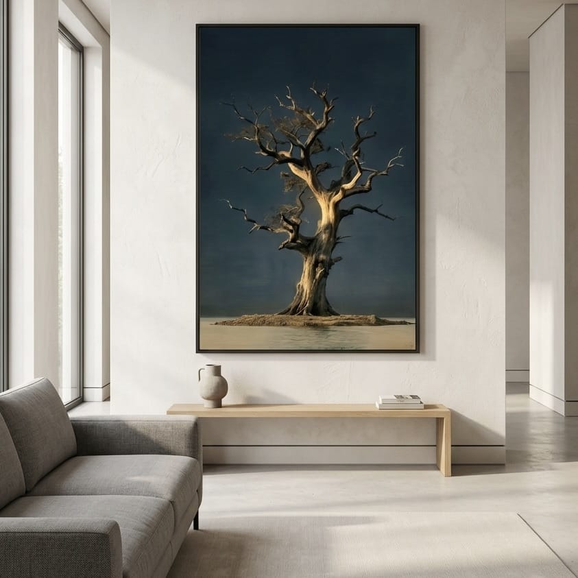 Abstract Gnarled Tree Print, Dark Teal and Gold