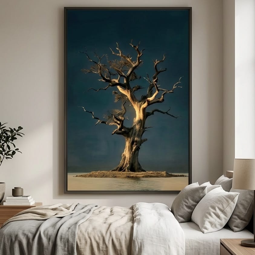 Abstract Gnarled Tree Print, Dark Teal and Gold