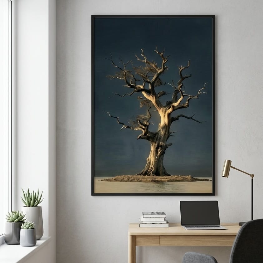 Abstract Gnarled Tree Print, Dark Teal and Gold