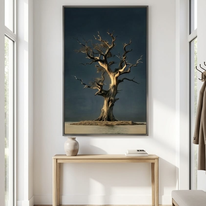 Abstract Gnarled Tree Print, Dark Teal and Gold