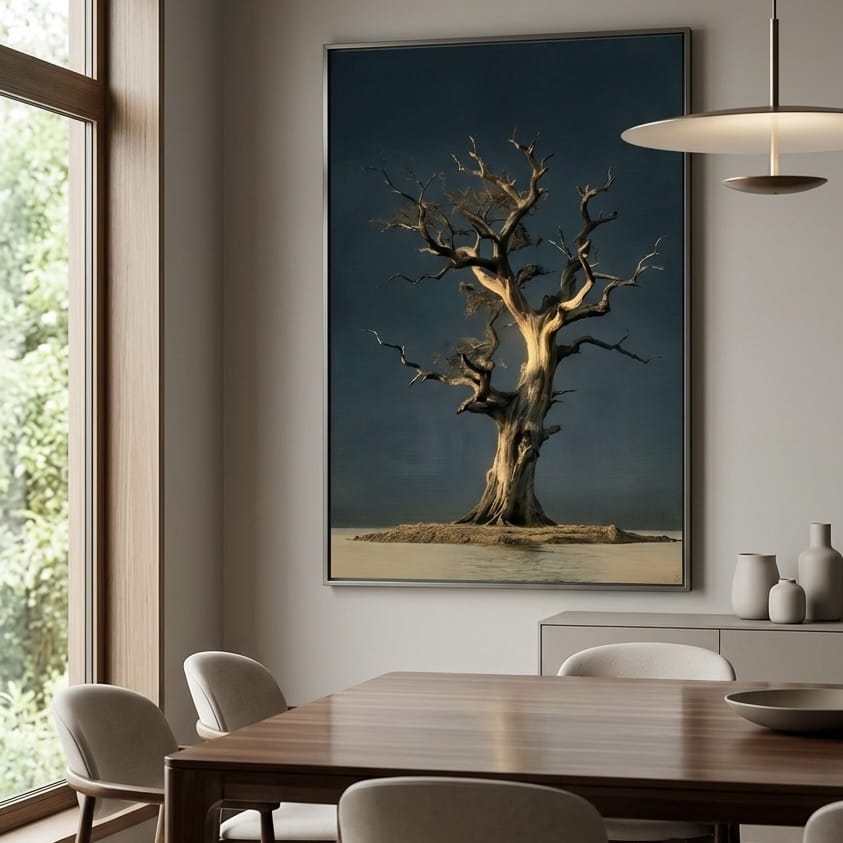 Abstract Gnarled Tree Print, Dark Teal and Gold