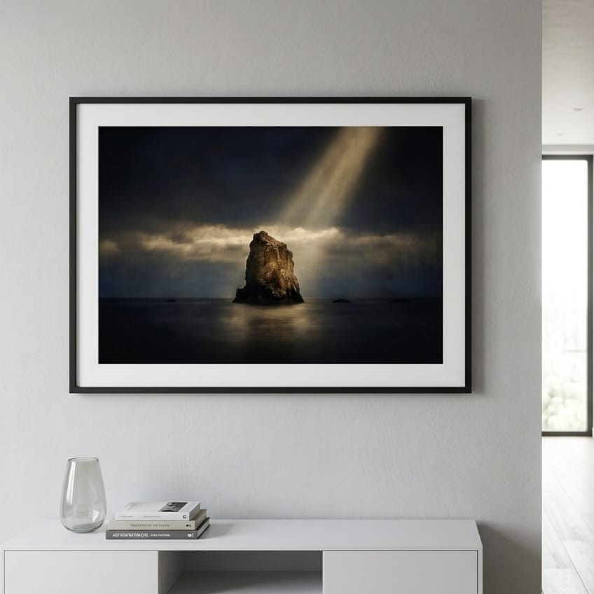 Seascape Wall Art: Moody Ocean Scene - Dark Blues and Gold Light