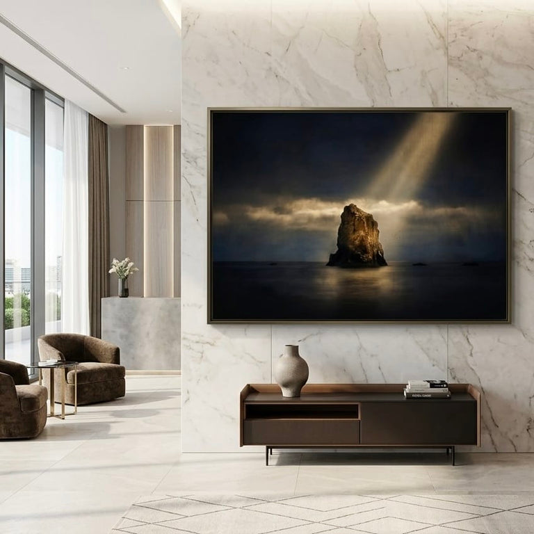 Seascape Wall Art: Moody Ocean Scene - Dark Blues and Gold Light