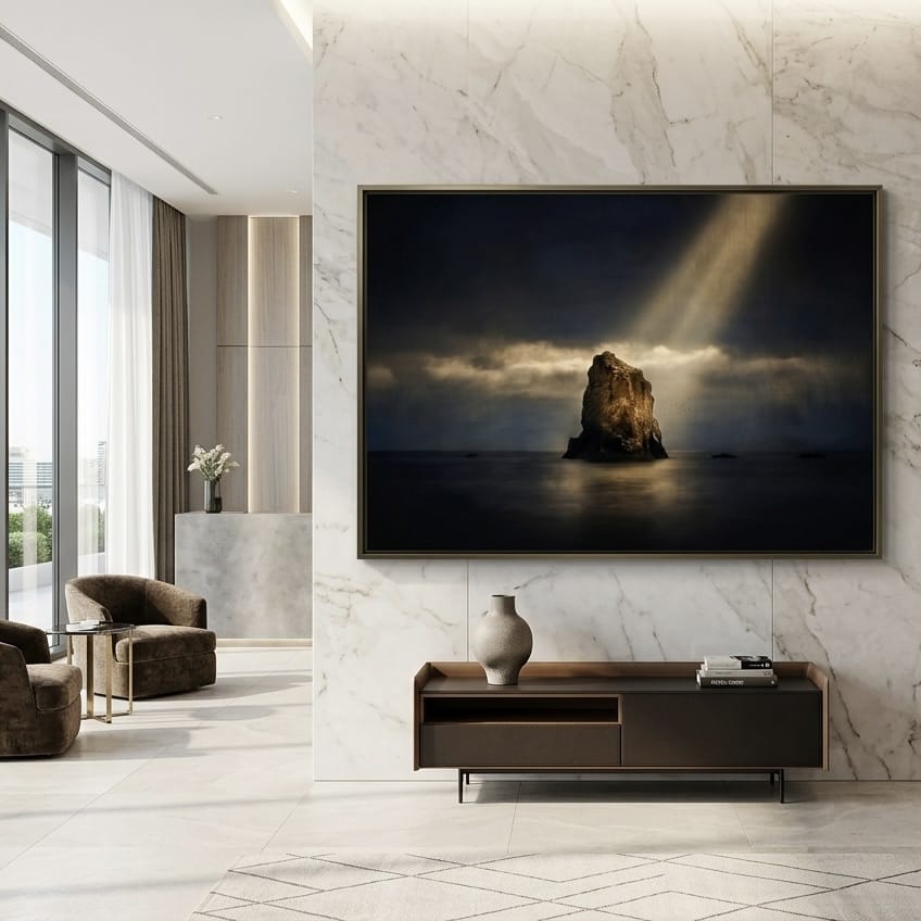 Seascape Wall Art: Moody Ocean Scene - Dark Blues and Gold Light
