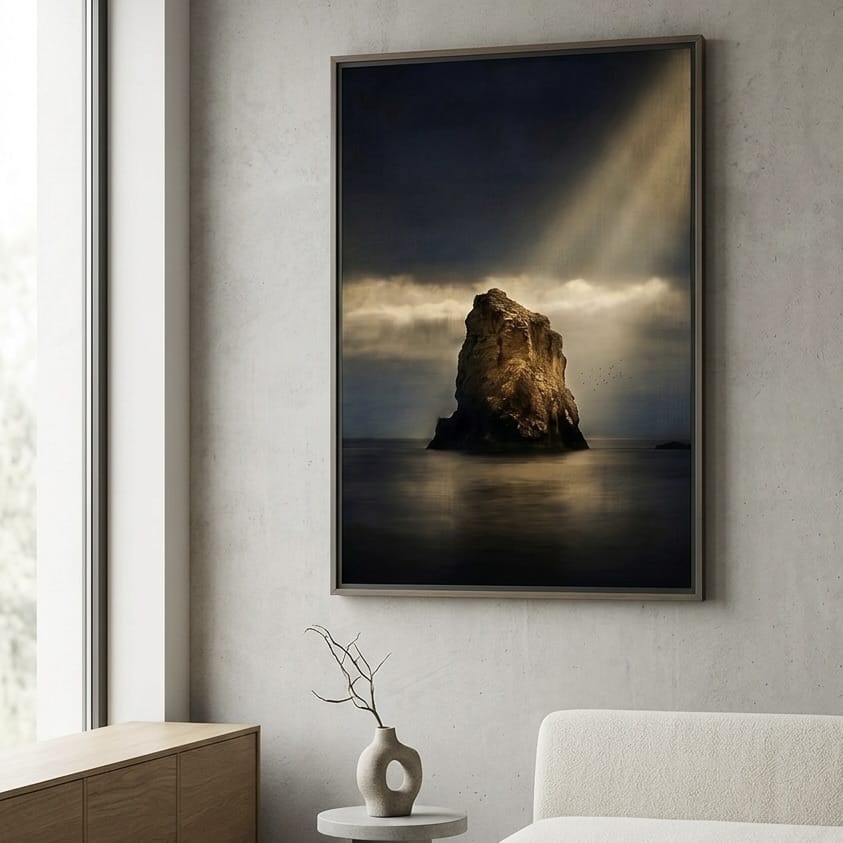 Seascape Wall Art: Moody Ocean Scene - Dark Blues and Gold Light