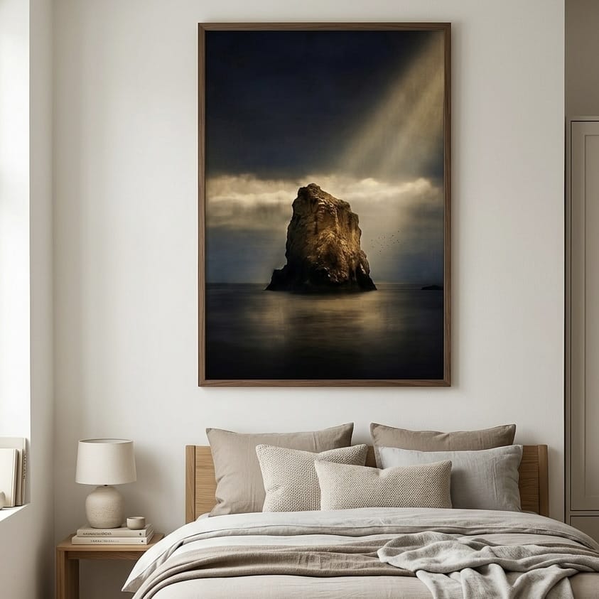 Seascape Wall Art: Moody Ocean Scene - Dark Blues and Gold Light