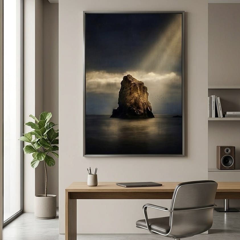 Seascape Wall Art: Moody Ocean Scene - Dark Blues and Gold Light